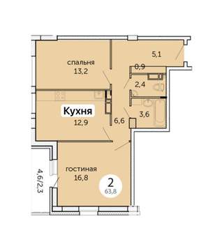 2-к квартира, на длительный срок, 61м2, 4/28 этаж