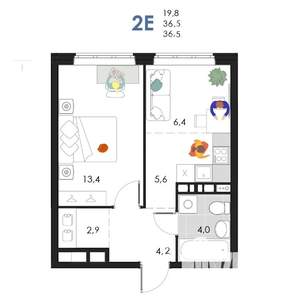 2-к квартира, на длительный срок, 36м2, 4/6 этаж
