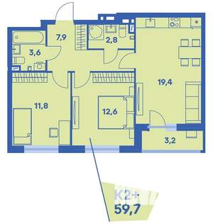 2-к квартира, вторичка, 60м2, 1/8 этаж