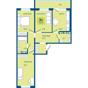 3-к квартира, строящийся дом, 73м2, 7/10 этаж