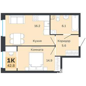 1-к квартира, вторичка, 43м2, 2/18 этаж