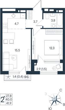 2-к квартира, строящийся дом, 42м2, 6/15 этаж