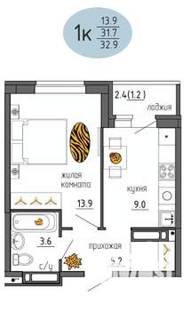 1-к квартира, строящийся дом, 33м2, 22/25 этаж