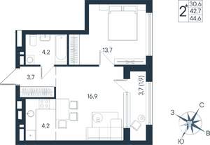 2-к квартира, строящийся дом, 45м2, 5/15 этаж
