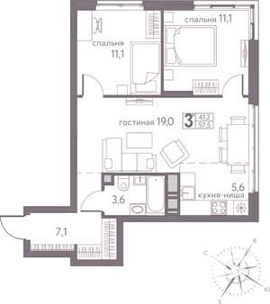 Студия квартира, строящийся дом, 58м2, 16/20 этаж