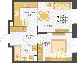 2-к квартира, строящийся дом, 37м2, 2/8 этаж
