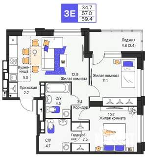 3-к квартира, строящийся дом, 59м2, 10/25 этаж