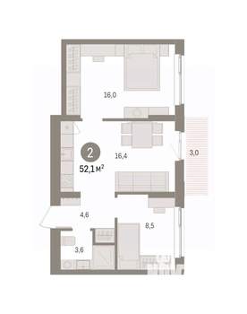 2-к квартира, вторичка, 52м2, 6/16 этаж