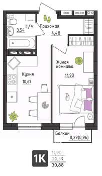 1-к квартира, вторичка, 31м2, 2/4 этаж