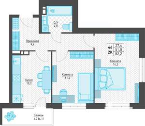 2-к квартира, строящийся дом, 52м2, 7/8 этаж