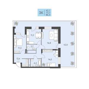 3-к квартира, вторичка, 86м2, 2/22 этаж