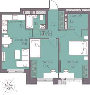 Студия квартира, строящийся дом, 64м2, 9/22 этаж