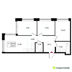4-к квартира, вторичка, 64м2, 23/25 этаж