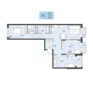 3-к квартира, вторичка, 81м2, 9/22 этаж