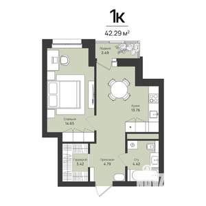 1-к квартира, строящийся дом, 42м2, 13/16 этаж