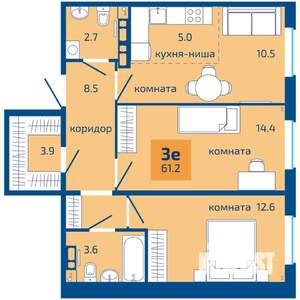 3-к квартира, вторичка, 61м2, 10/10 этаж
