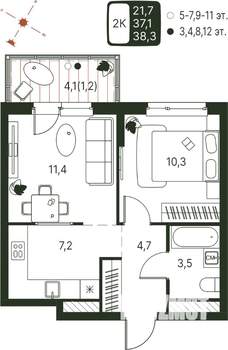 Студия квартира, строящийся дом, 38м2, 6/20 этаж