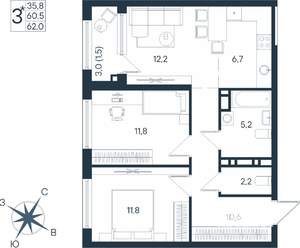 3-к квартира, строящийся дом, 62м2, 10/15 этаж