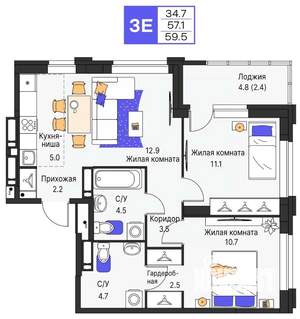 3-к квартира, строящийся дом, 60м2, 18/25 этаж