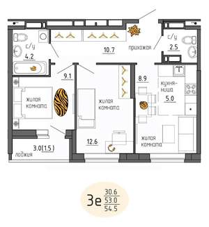 3-к квартира, строящийся дом, 55м2, 9/25 этаж