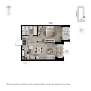 1-к квартира, строящийся дом, 46м2, 6/6 этаж