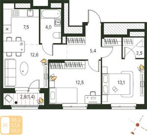 Студия квартира, строящийся дом, 59м2, 10/20 этаж