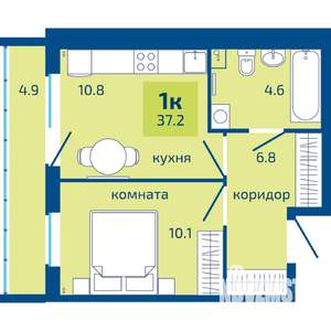 1-к квартира, строящийся дом, 37м2, 1/10 этаж