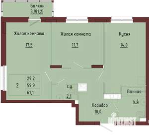 2-к квартира, строящийся дом, 64м2, 8/9 этаж