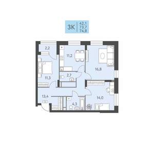 3-к квартира, вторичка, 75м2, 7/22 этаж