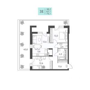 3-к квартира, вторичка, 74м2, 2/22 этаж