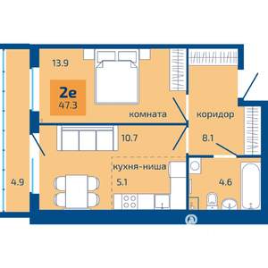 2-к квартира, строящийся дом, 47м2, 1/10 этаж