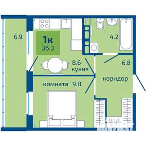 1-к квартира, строящийся дом, 36м2, 7/10 этаж