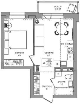 2-к квартира, вторичка, 38м2, 9/9 этаж