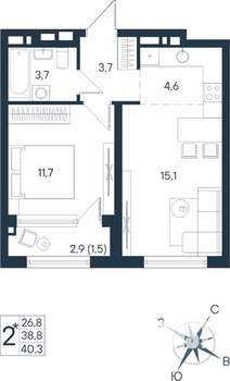 Студия квартира, строящийся дом, 40м2, 12/15 этаж