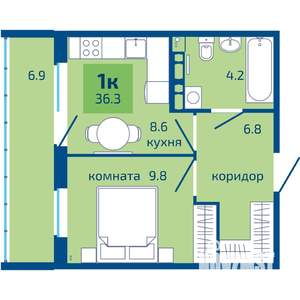 1-к квартира, строящийся дом, 36м2, 7/10 этаж
