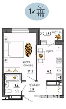 1-к квартира, строящийся дом, 33м2, 25/25 этаж