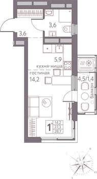 Студия квартира, строящийся дом, 27м2, 14/20 этаж