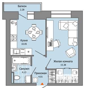 1-к квартира, вторичка, 34м2, 6/9 этаж