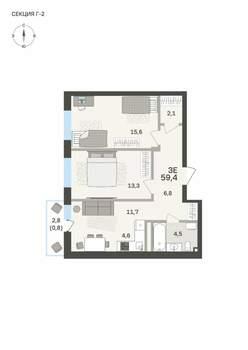 3-к квартира, вторичка, 59м2, 2/6 этаж