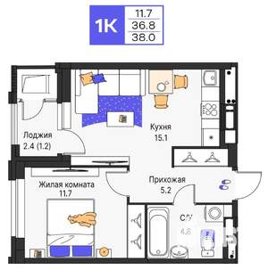 1-к квартира, строящийся дом, 38м2, 5/25 этаж