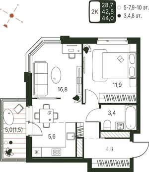 Студия квартира, строящийся дом, 44м2, 7/20 этаж