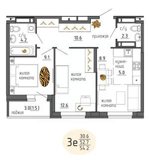 3-к квартира, строящийся дом, 54м2, 25/25 этаж
