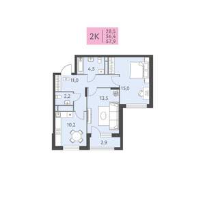 2-к квартира, вторичка, 58м2, 6/22 этаж