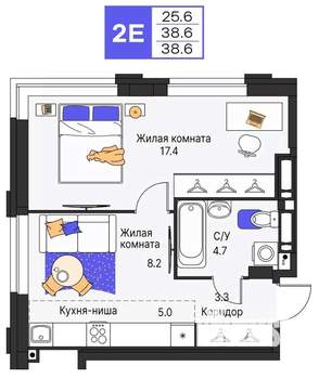 2-к квартира, строящийся дом, 39м2, 17/25 этаж