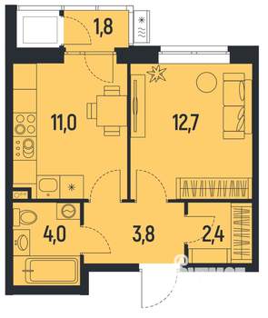 1-к квартира, вторичка, 35м2, 1/12 этаж