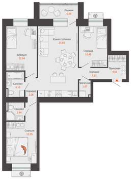 3-к квартира, вторичка, 83м2, 2/9 этаж
