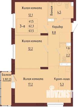 3-к квартира, строящийся дом, 66м2, 6/9 этаж
