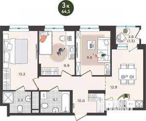 3-к квартира, вторичка, 65м2, 13/25 этаж
