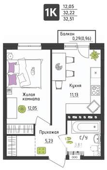 1-к квартира, вторичка, 33м2, 1/4 этаж