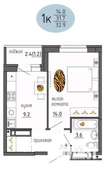 1-к квартира, строящийся дом, 33м2, 22/25 этаж